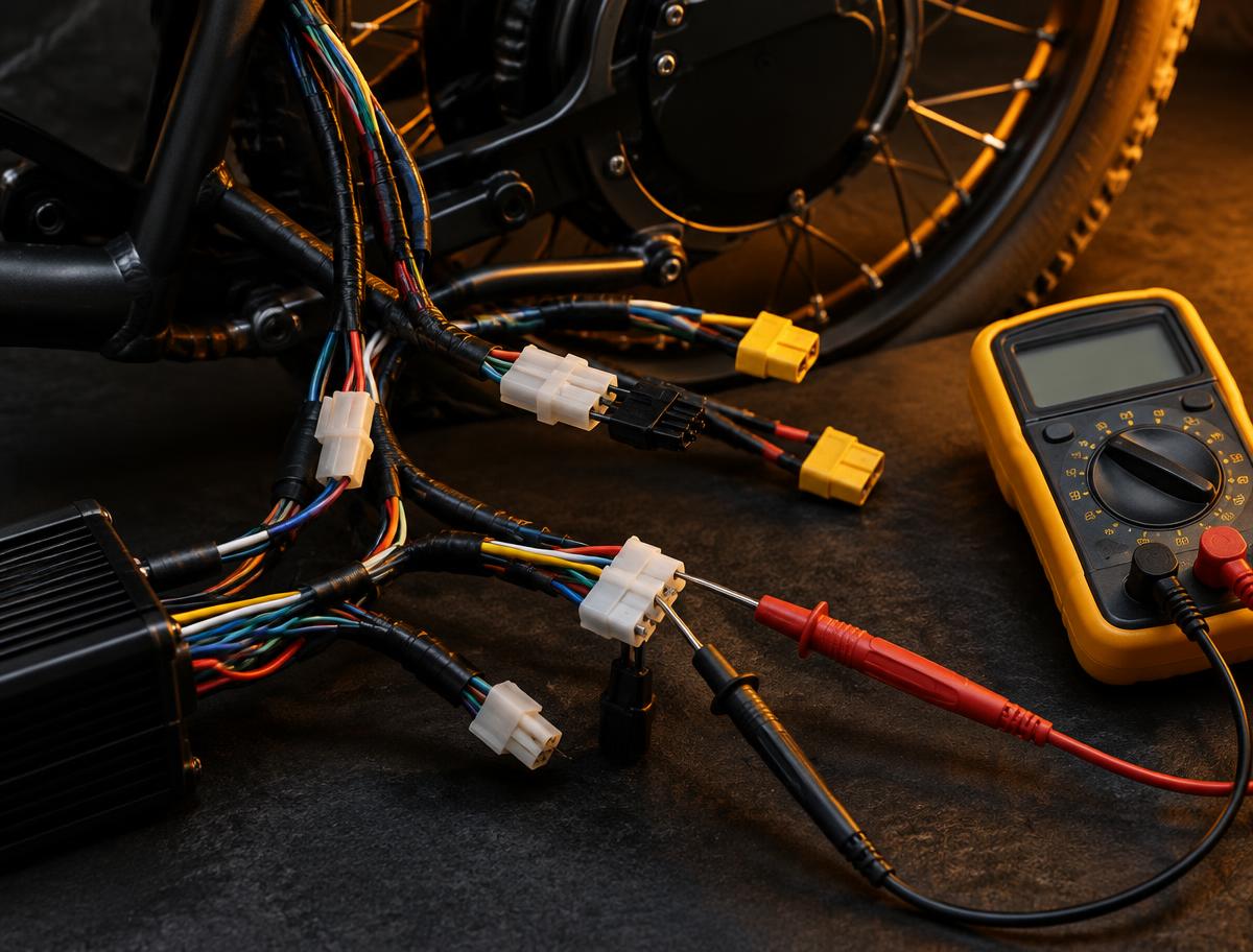 Electric vehicle wiring harness and connectors being tested with a multimeter
