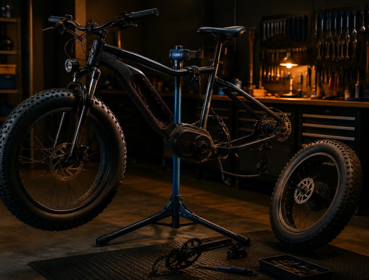 Fat tire electric bike on a repair stand in a dark garage workspace