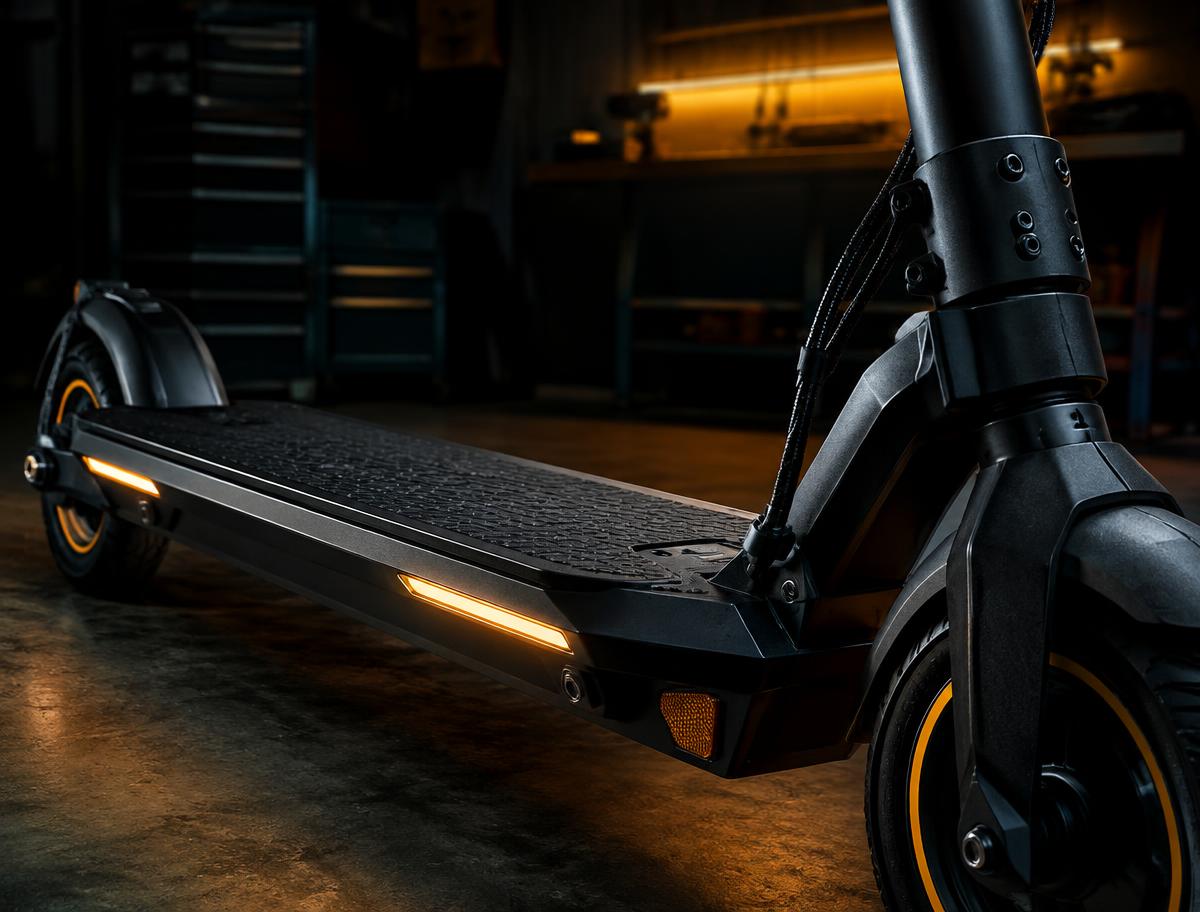 Detail of a high performance electric scooter deck and stem