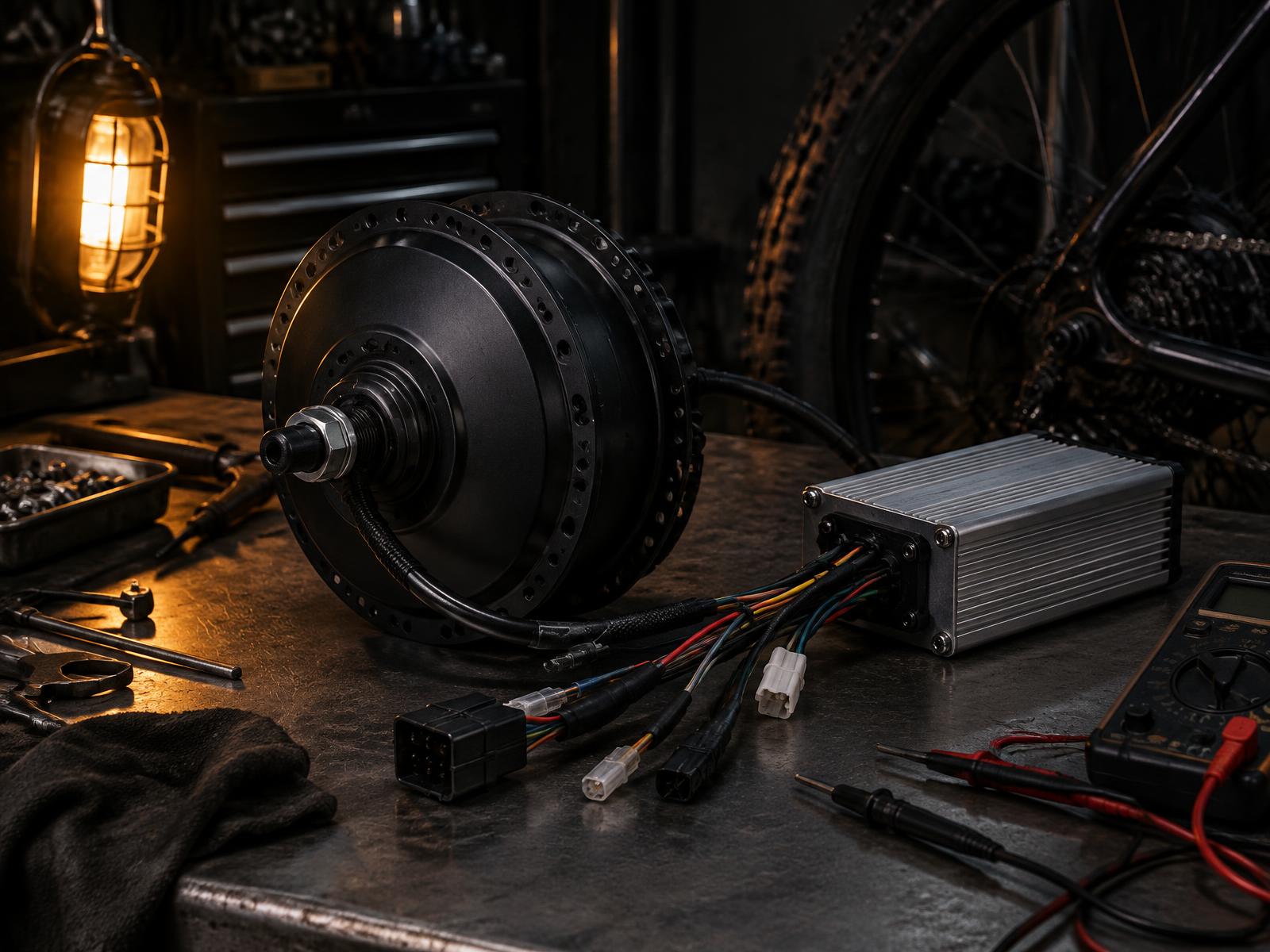 Electric bike hub motor, controller, and wiring harness on a workbench with a multimeter